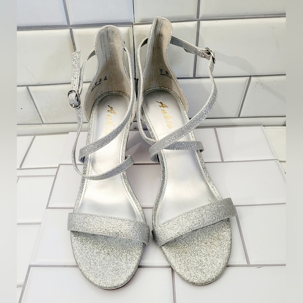Ankis Ladies Silver Glitter Strappy Open Toe 3in Heel Shoe Sandal Cocktail Weddi